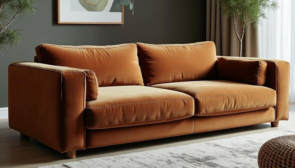 découvrez notre canapé convertible 4 places en velours côtelé, alliant style élégant et confort optimal, disponible dès maintenant à moins de 810 euros.