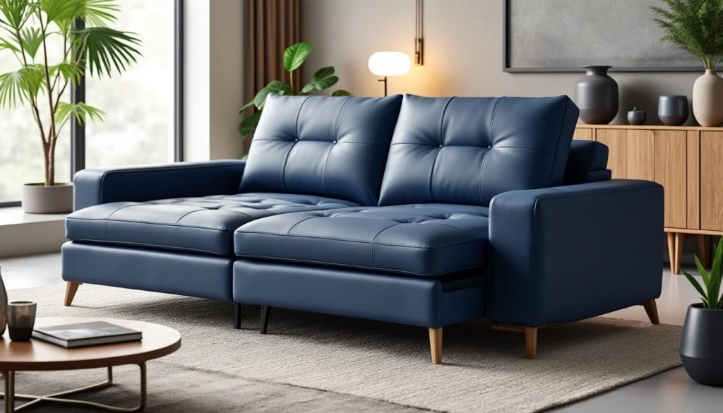découvrez notre canapé convertible en cuir bleu marine, alliant élégance et praticité pour sublimer votre salon avec confort et style.