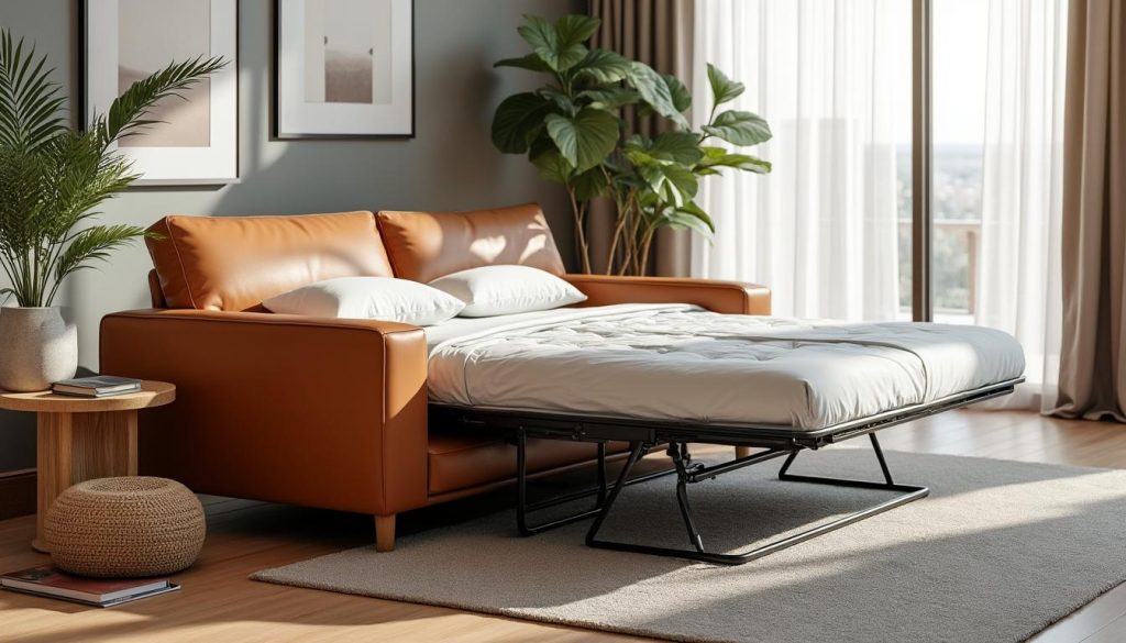 découvrez notre canapé convertible en cuir camel, alliant confort optimal et style élégant pour sublimer votre salon.