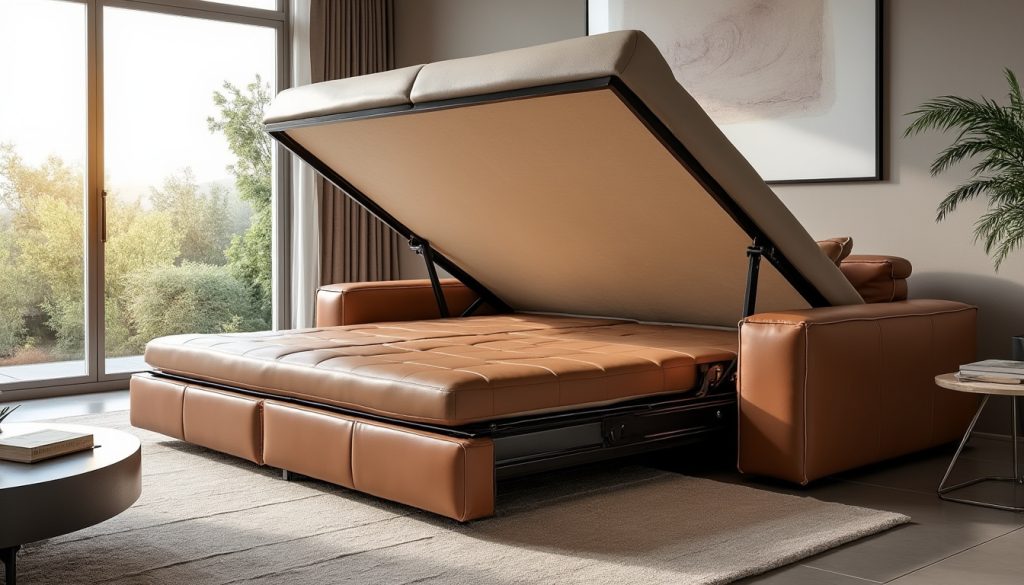 Canapé convertible cuir ouvert : design et confort pour votre salon découvrez notre canapé convertible en cuir alliant design élégant et confort optimal, idéal pour sublimer votre salon tout en offrant un couchage pratique.